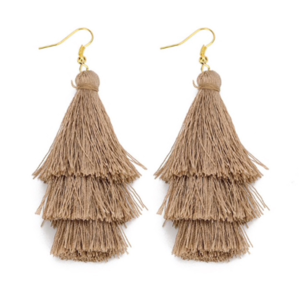 Tiered Tassel Drop Coffee Dangle Earrings - Picture 2 of 5